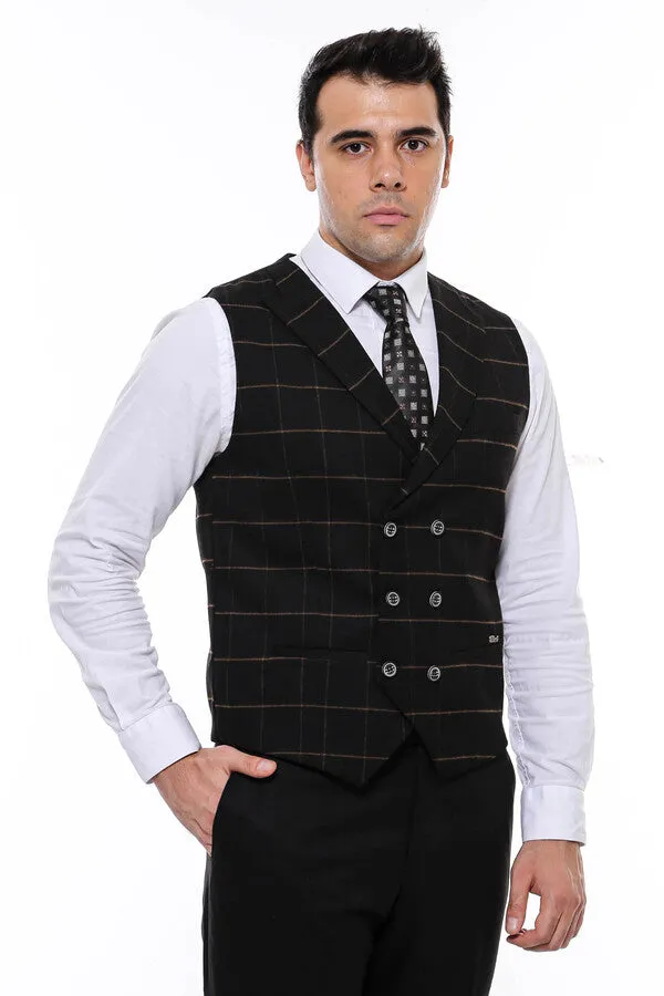 WSS Double Breasted Plaid Black Men Vest  - Singen