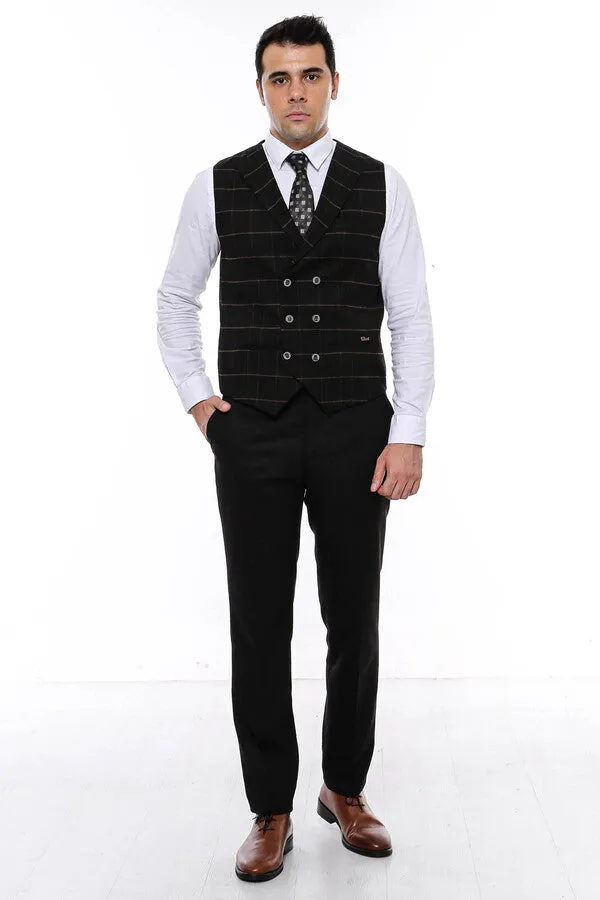WSS Double Breasted Plaid Black Men Vest  - Singen