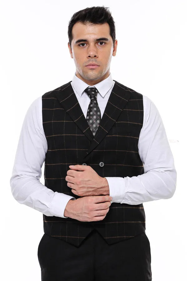 WSS Double Breasted Plaid Black Men Vest  - Singen