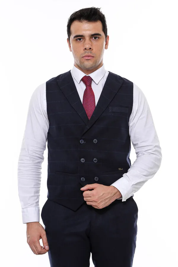 WSS Double Breasted Plaid Navy Blue Men's Vest  - Singen