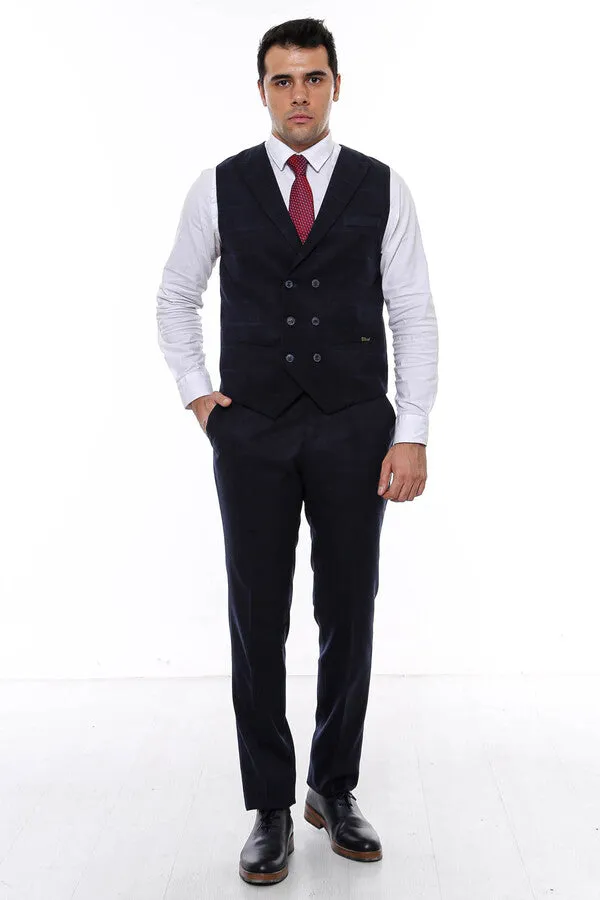 WSS Double Breasted Plaid Navy Blue Men's Vest  - Singen