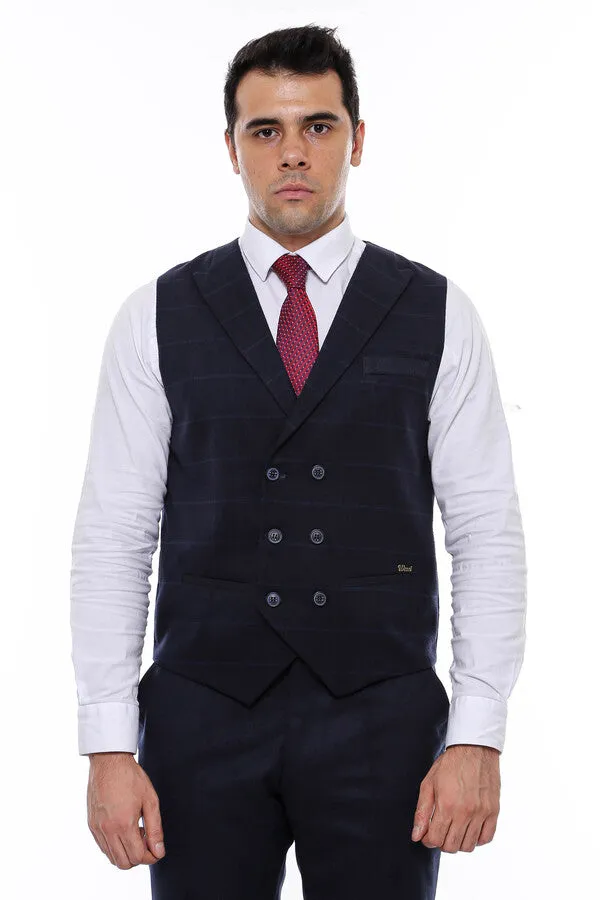 WSS Double Breasted Plaid Navy Blue Men's Vest  - Singen