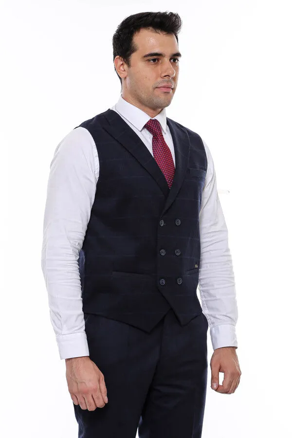 WSS Double Breasted Plaid Navy Blue Men's Vest  - Singen