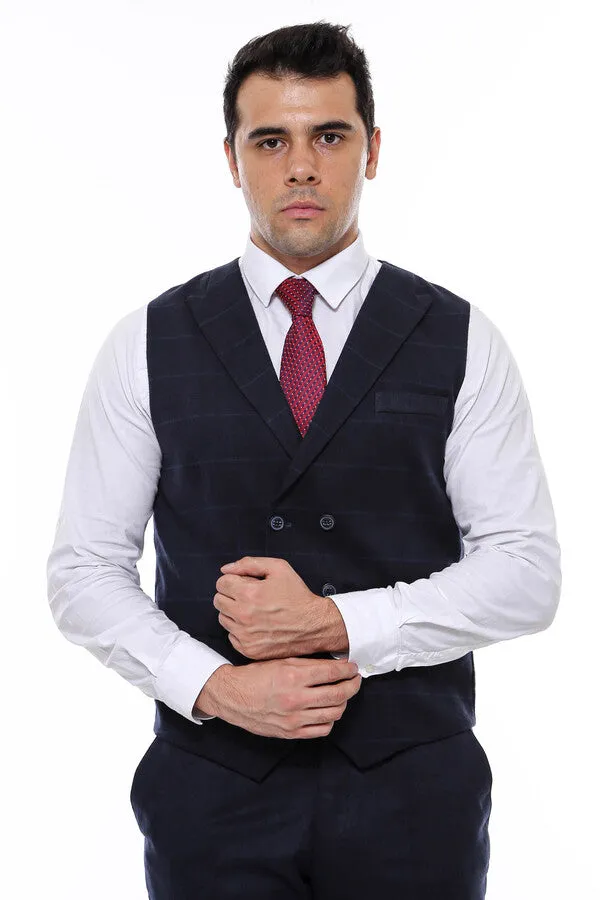 WSS Double Breasted Plaid Navy Blue Men's Vest  - Singen