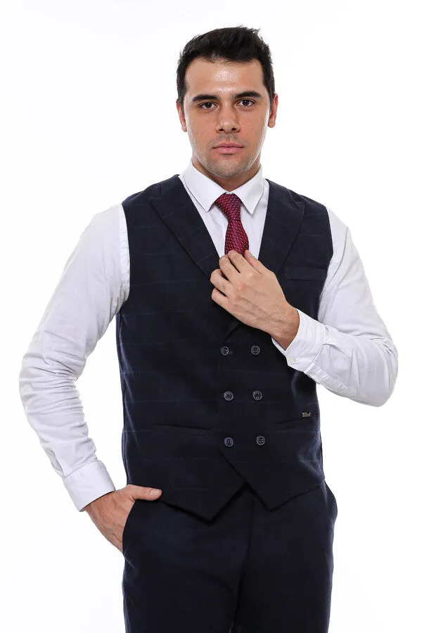 WSS Double Breasted Plaid Navy Blue Men's Vest  - Singen