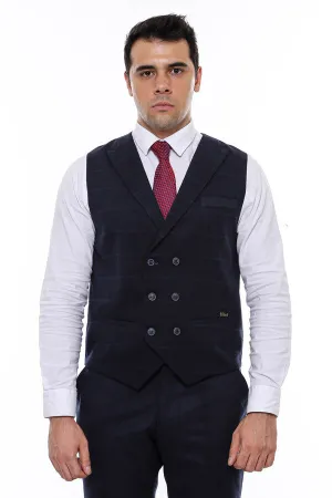 WSS Double Breasted Plaid Navy Blue Men's Vest  - Singen