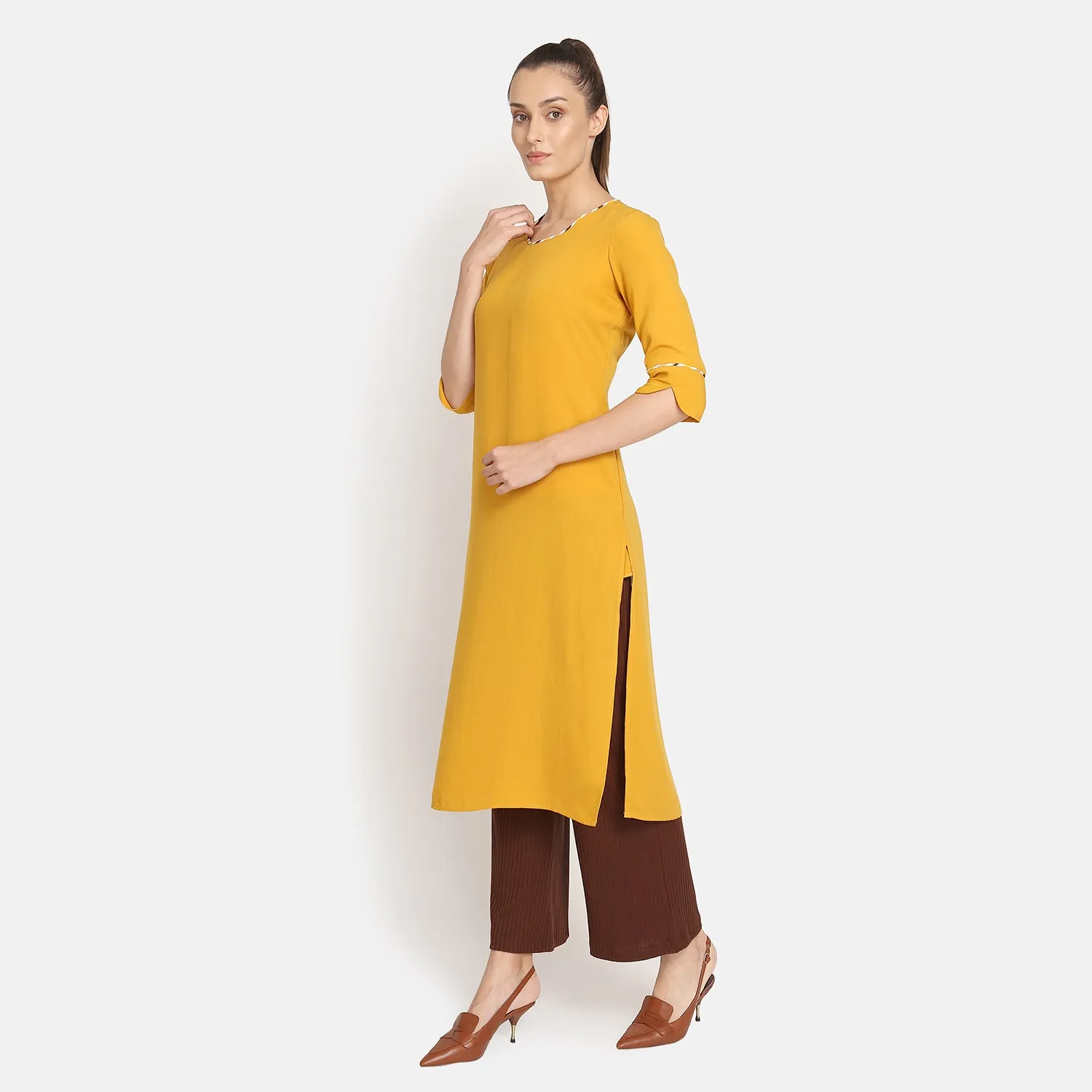 Yellow Round Neck Kurta With Embroidered Slit