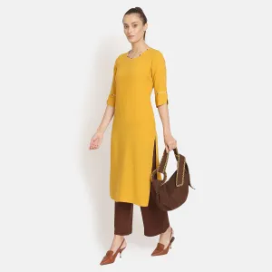 Yellow Round Neck Kurta With Embroidered Slit