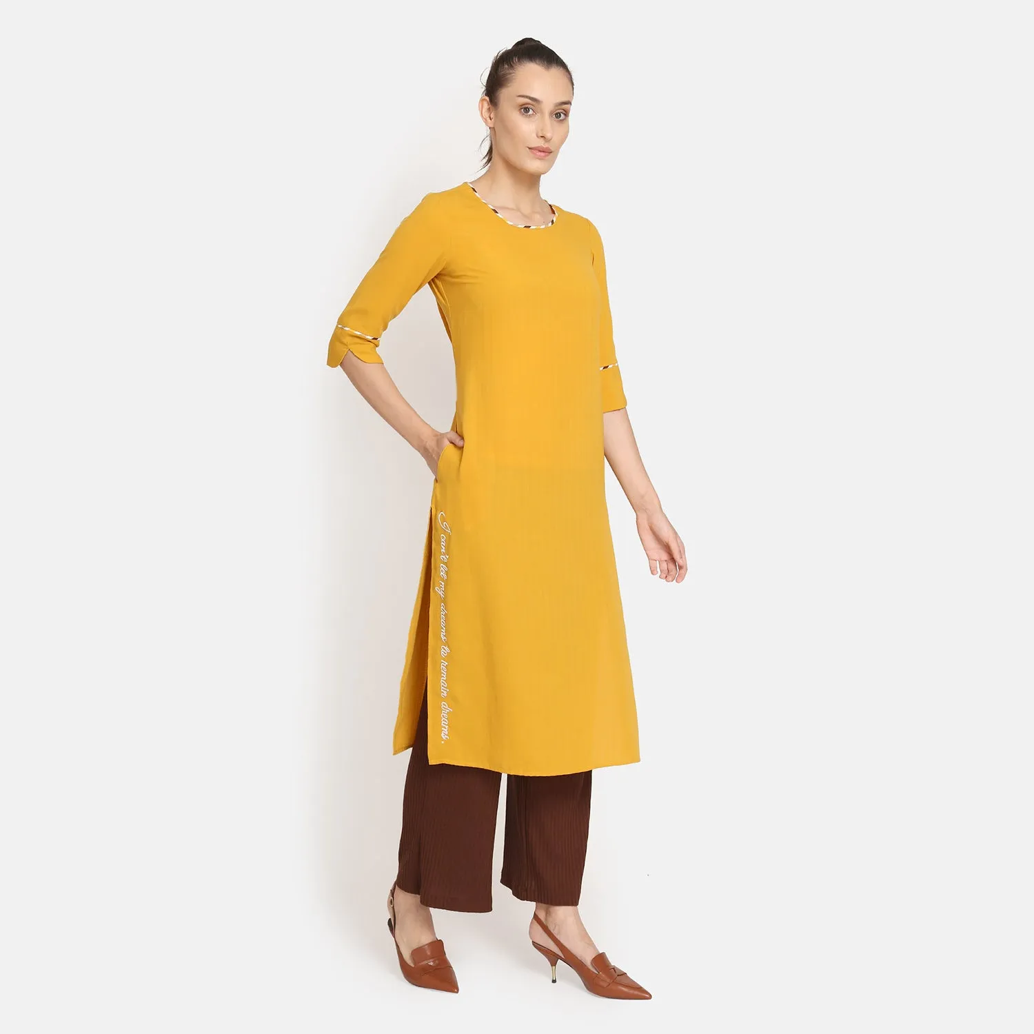 Yellow Round Neck Kurta With Embroidered Slit