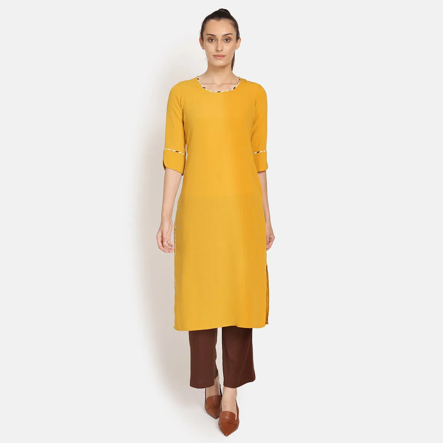 Yellow Round Neck Kurta With Embroidered Slit