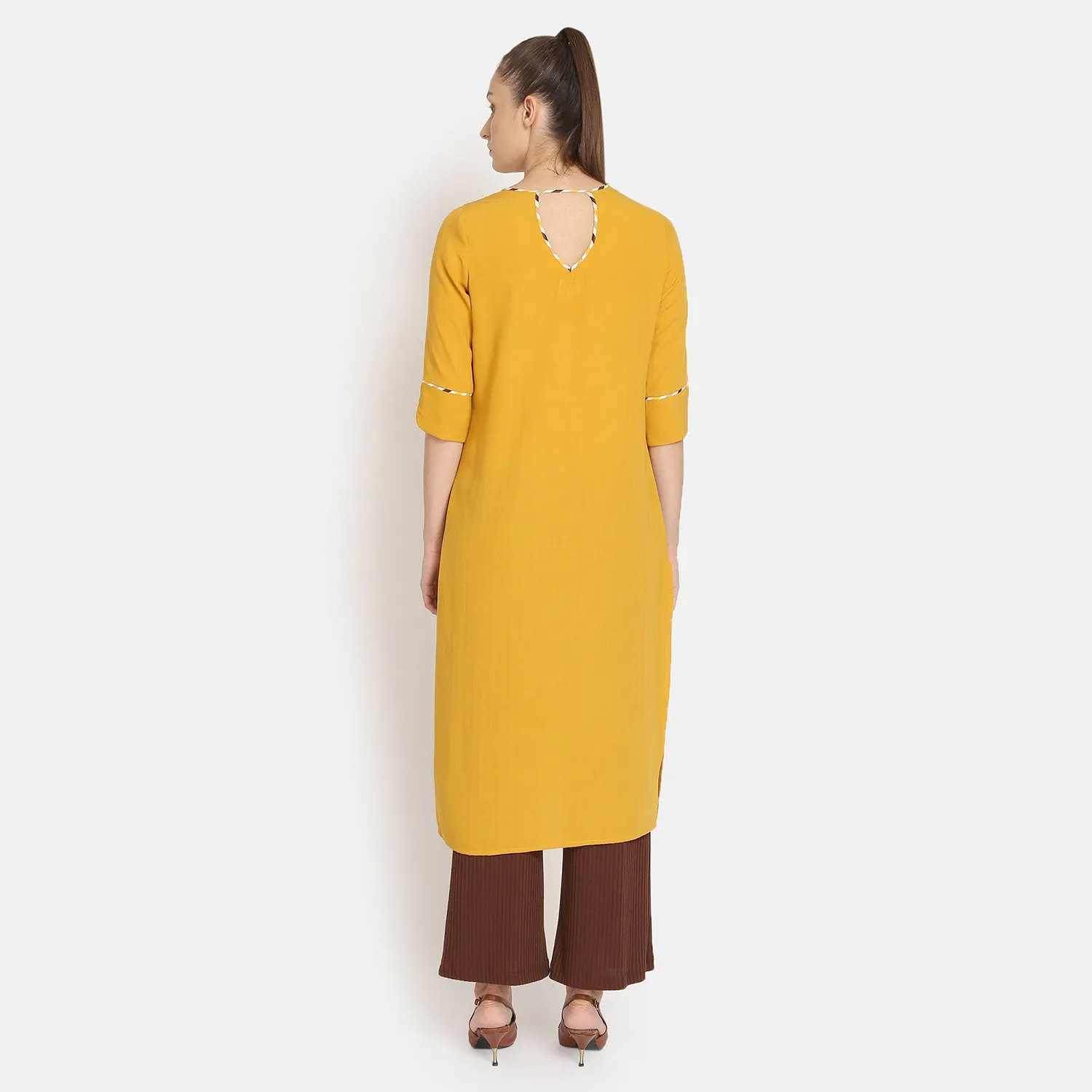 Yellow Round Neck Kurta With Embroidered Slit