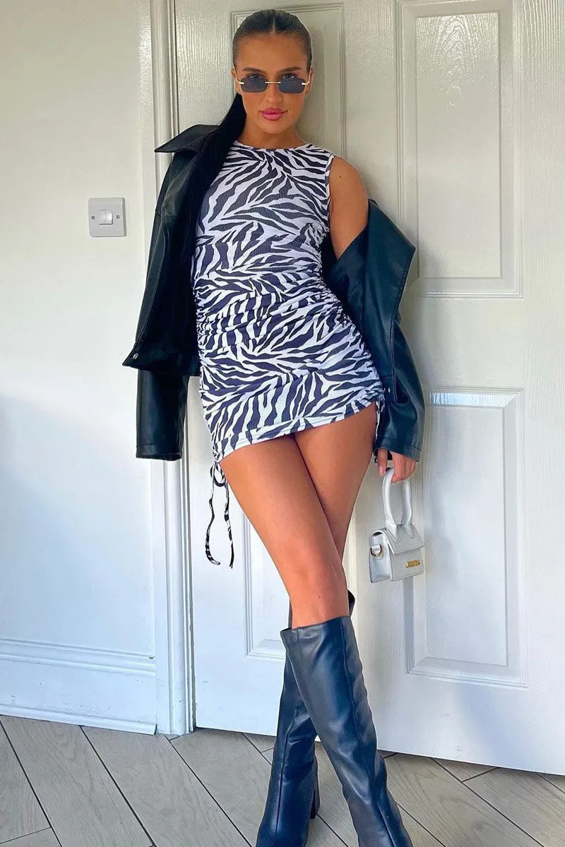 Zebra Print Ribbed Side Ruched Mini Dress - Reni