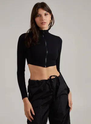 Zip Up Ribbed Cropped Long Sleeve Top