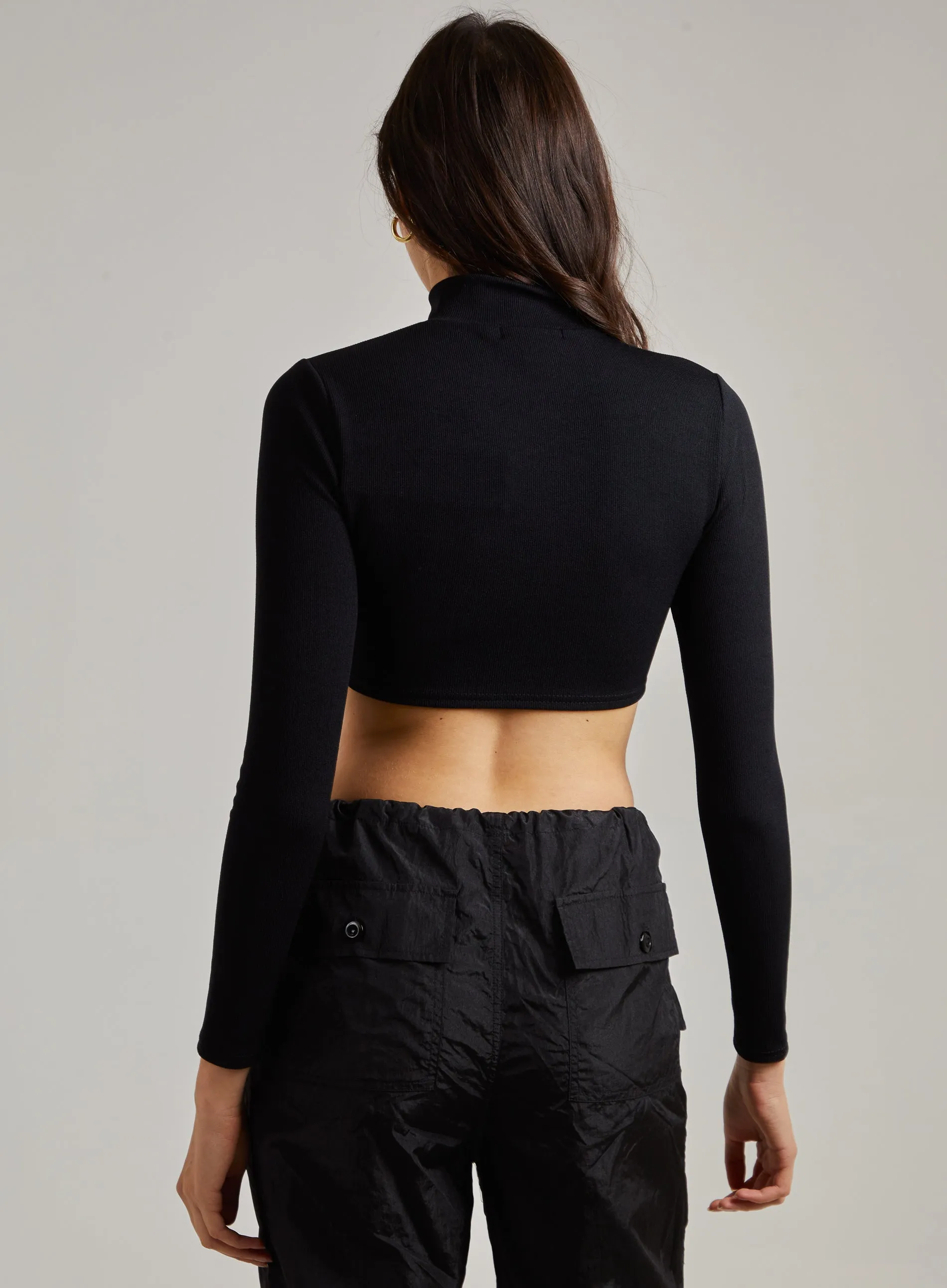 Zip Up Ribbed Cropped Long Sleeve Top