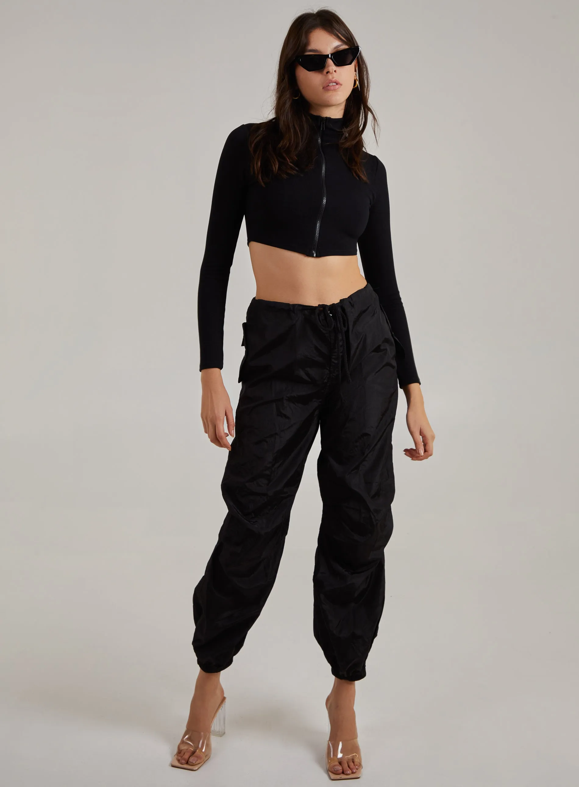 Zip Up Ribbed Cropped Long Sleeve Top