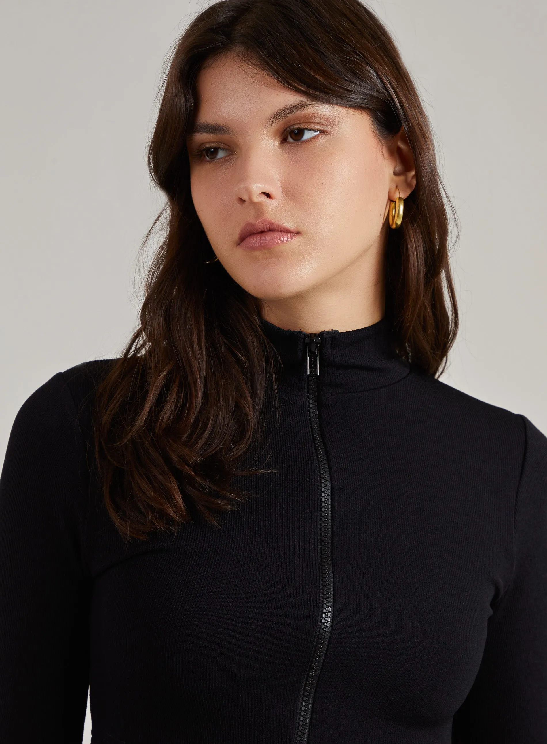Zip Up Ribbed Cropped Long Sleeve Top