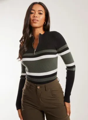 Zip Up Striped Knit Top
